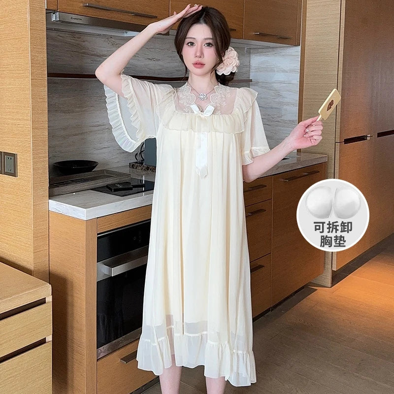 Hot Summer Sweet Lace Princess Short Sleeve Cotton Nightgowns for Women Korean Cute Sleepwear Night Dress Nightdress Home Nighty
