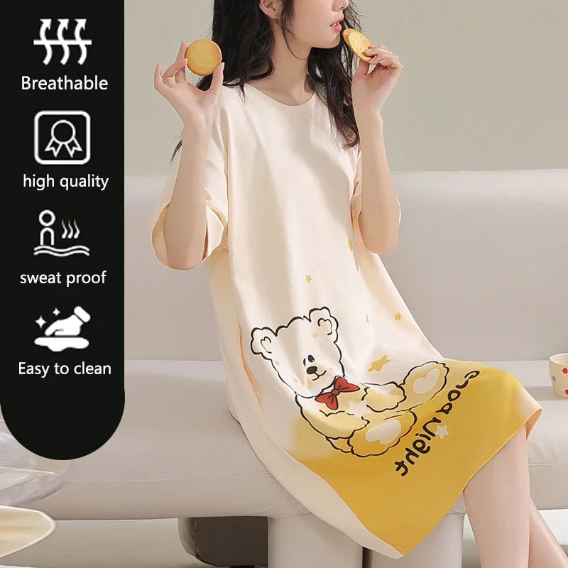 Women Large Size Pajamas Short-Sleeved Nightgown Cartoon Bear 5xl Long Student Robe Rabbitlong Skirt Loungewear Girl Dress
