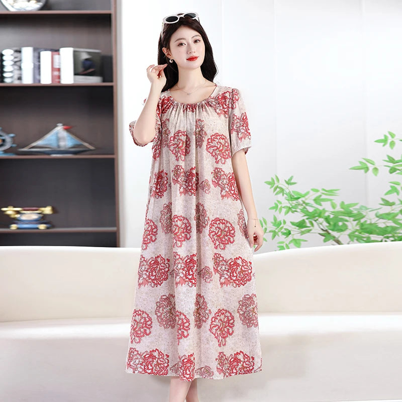 New Chinese Style Silk Dress with Double Pockets plus Size Summer Short Sleeve Women's Sleepwear Casual Home Clothes