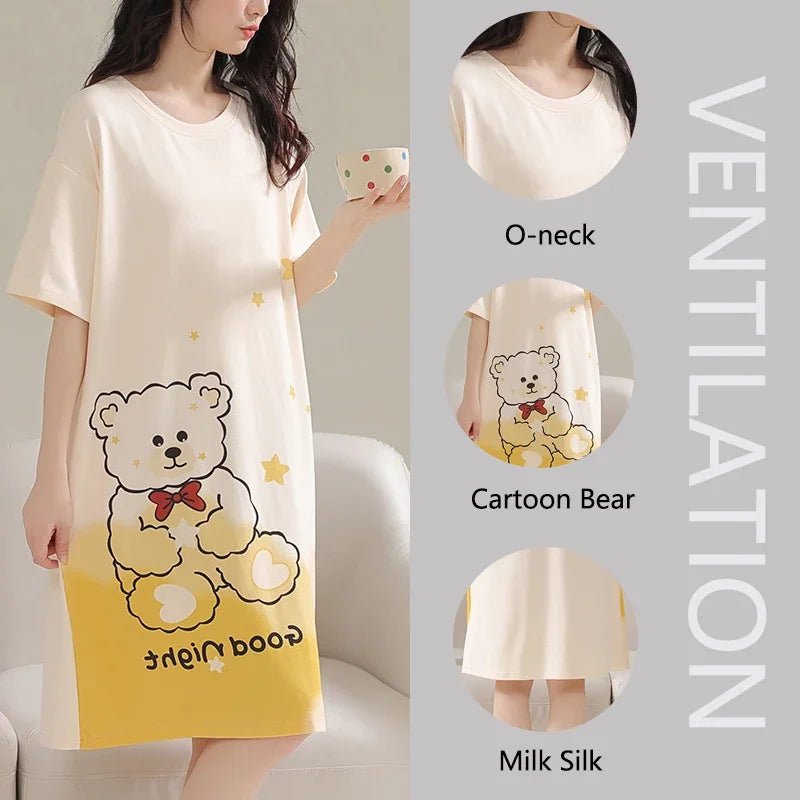Women Large Size Pajamas Short-Sleeved Nightgown Cartoon Bear 5xl Long Student Robe Rabbitlong Skirt Loungewear Girl Dress